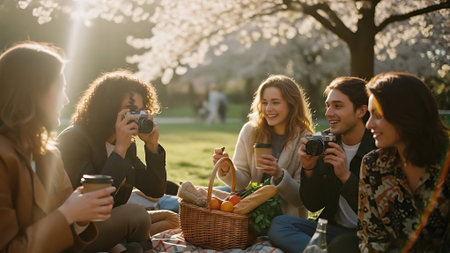 Group of friends having picnic in park on sunny day. Selective focus.の素材