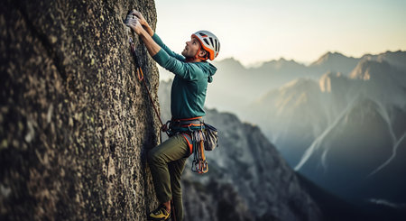 Young male climber climbing on a rocky wall in the mountains.の素材