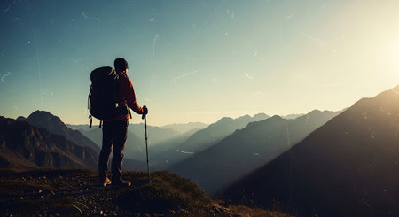 Hiker in the mountains at sunset. Hiking in the mountainsの素材