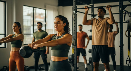 Group of people working out with dumbbells in a crossfit gymの素材