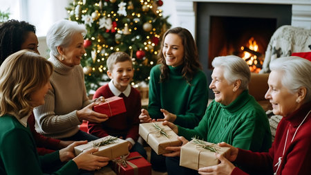 Merry Christmas and Happy Holidays! Cheerful family is exchanging gifts.の素材