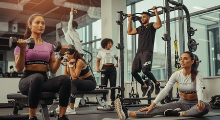 Group of young people working out with dumbbells in a gymの素材