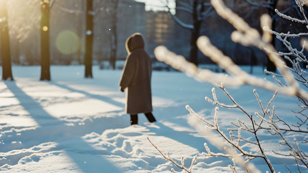 Woman walking in the park on a sunny winter day. Girl in a coat walks through the snow.の素材