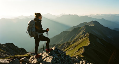 Woman hiker with backpack on the top of a mountain at sunsetの素材