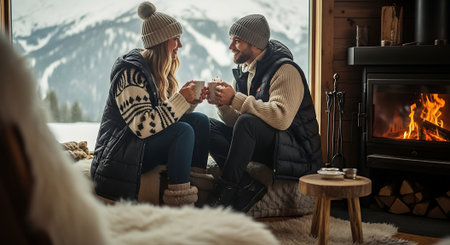 Beautiful young couple in warm clothes sitting on the floor in front of the fireplace and drinking hot teaの素材