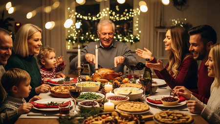 happy family with kids having christmas dinner at home and waving handの素材