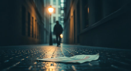Blurred image of a man with a newspaper in the city at nightの素材