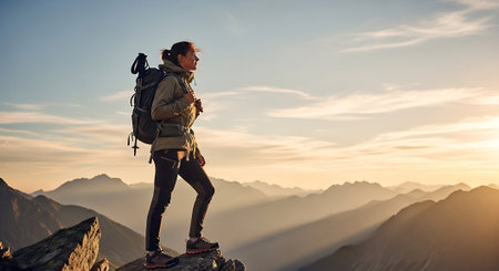 Hiker on the top of a mountain with a backpack looking at the sunsetの素材