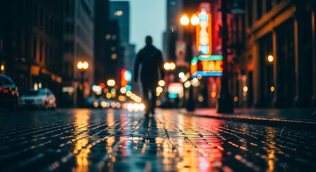Mysterious Silhouette Walking on Wet City Street at Nightの素材