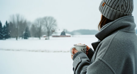 Young woman with a cup of hot coffee on the background of a snowy winter landscapeの素材
