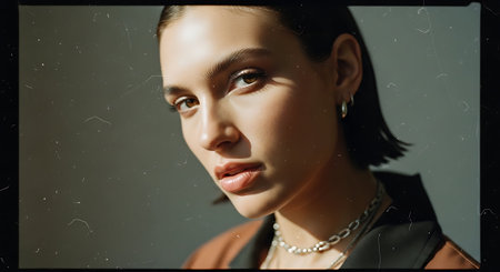 Portrait of a beautiful young woman with makeup in fashion clothes.の素材