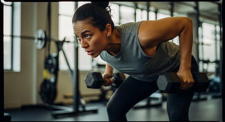 Side view of young woman lifting dumbbells while working out in gymの素材