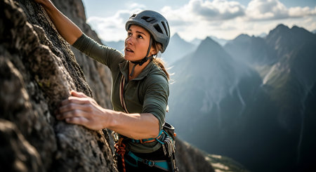 Young woman climbing on a rock in the mountains. Sport and active lifestyle.の素材