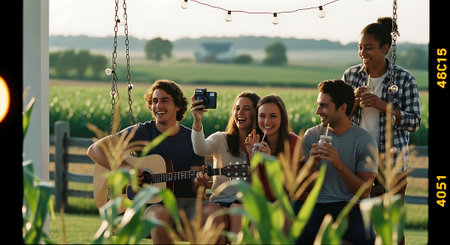 Group of friends having fun while playing guitar and singing in the gardenの素材