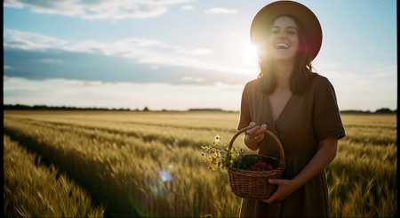 Beautiful young woman with basket of flowers in wheat field at sunsetの素材