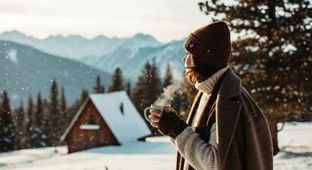 Woman with cup of hot drink on the background of winter landscape.の素材