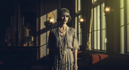 Portrait of a beautiful woman in a vintage dress and hat.の素材