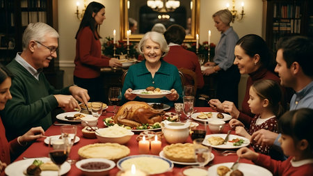 Happy family having dinner together at home. Cheerful senior woman and her family celebrating Thanksgiving.の素材
