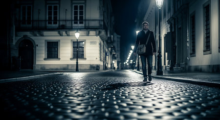 Young man walking down the street at night in Lisbon, Portugal.の素材