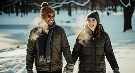 Smiling young couple in winter clothes holding hands and looking at each otherの素材