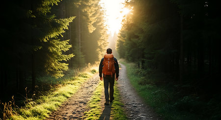 Rear view of young man with backpack walking on path in forestの素材