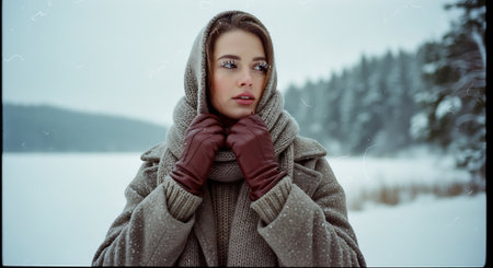 Beautiful young woman in a fur coat on the background of a winter landscapeの素材