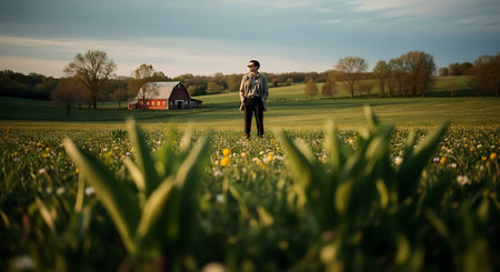 Young man standing in the field with dandelions and a farm in the backgroundの素材