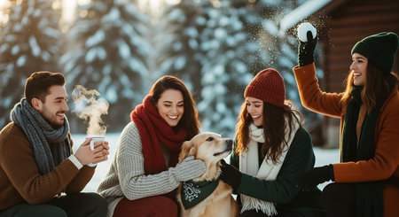 Group of friends having fun with dog in winter park, outdoors.の素材