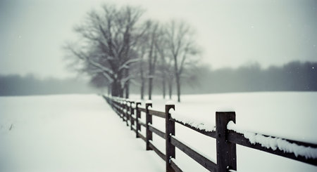 Fence in a snowy field with trees in the background and snowfallの素材