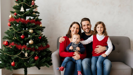 Happy family with two children sitting on sofa near christmas tree at homeの素材