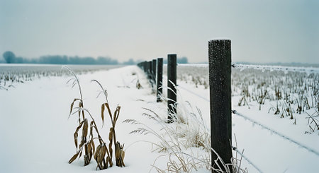 Frosted grass on a fence in a snowy field in winterの素材