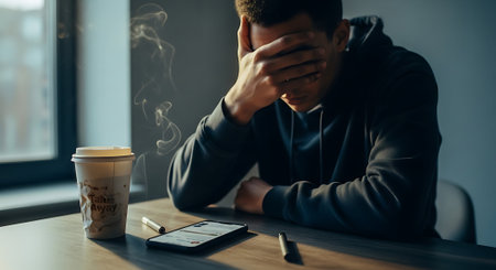 young man in depression with mobile phone and cup of coffee in cafeの素材