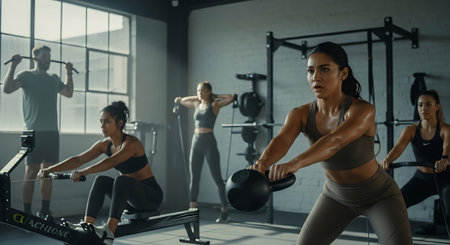 fitness, sport, training, gym and lifestyle concept - group of women exercising with kettlebells in gymの素材
