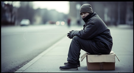 Homeless man sitting on the street with a box in his handの素材