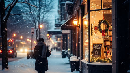 Woman walking on a snowy street at night in winter. Christmas and New Year concept.の素材