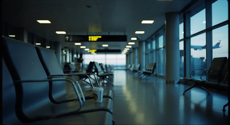 Empty airport terminal with rows of chairs. Blurred background, tonedの素材