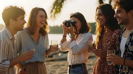 Group of young friends having fun on the beach, taking photos with a cameraの素材