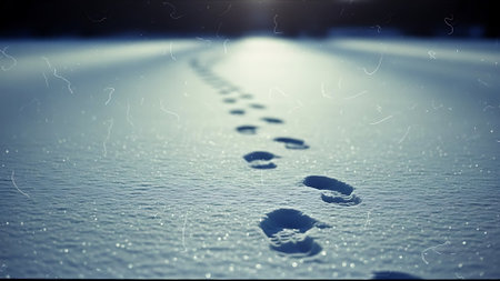 Footprints in the snow at night. 3d rendering toned imageの素材