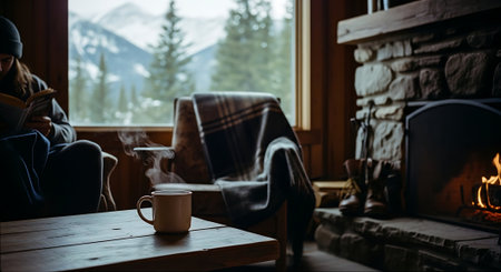 Woman reading book and drinking coffee in front of fireplace at home.の素材
