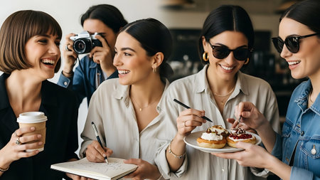 smiling women in sunglasses eating donuts and drinking coffee in cafeの素材