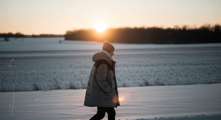 A girl in a warm coat walks along the snow-covered field at sunset.の素材