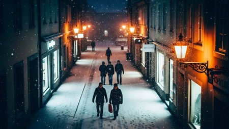 People walking in the street at night. Snowfall. Winter.の素材