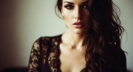 Portrait of a beautiful young woman in black lace lingerie.の素材