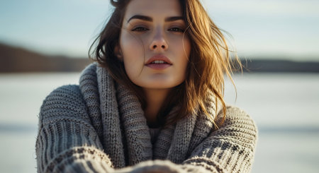 beautiful young woman in sweater and scarf looking at camera on winter dayの素材