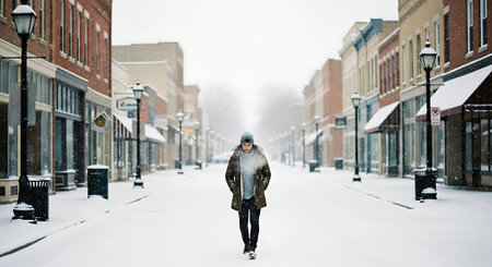 A young man walking in a snowy street in downtown Baltimoreland.の素材