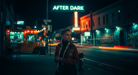 A young man walking in the city at night, looking at the camera.の素材