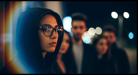 Young man in hoodie and glasses looking at camera in night cityの素材