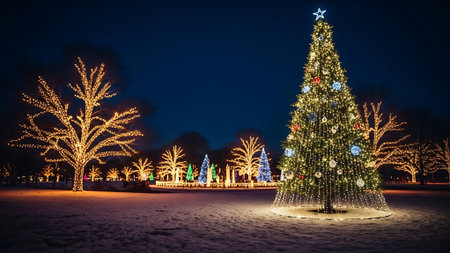 Christmas tree in the park at night. Christmas and New Year backgroundの素材