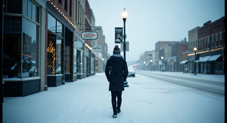 Man walking on a snow covered street in downtown of Baltimoreland.の素材