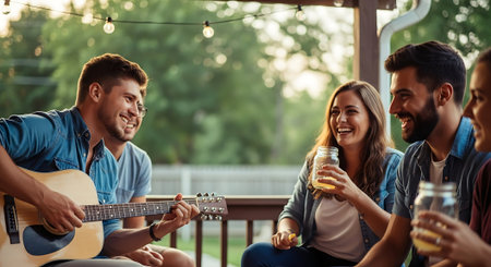 Handsome young man is playing guitar and singing with his friends.の素材